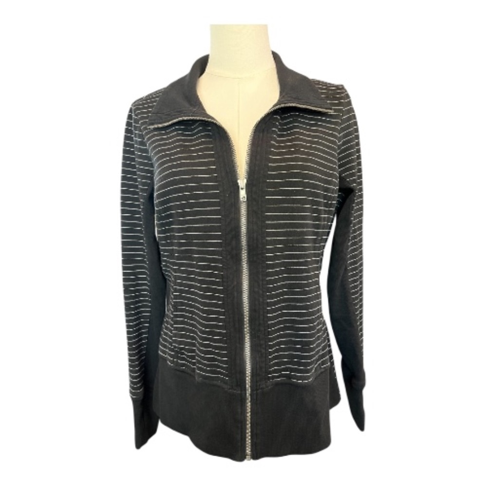 👚 EUC CABI Black White Stripe Sprint High Neck Full Zip Sweatshirt | Size S